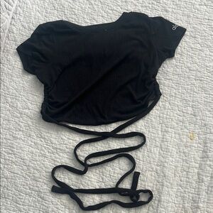 ALO Yoga Black Short Sleeve Tie Front Bodysuit